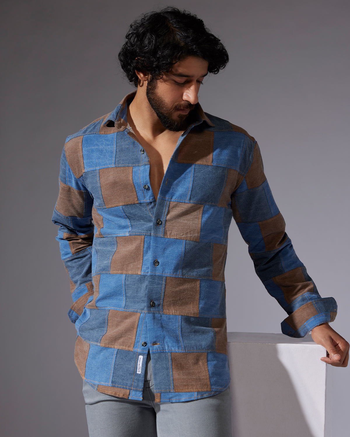 Japanese Patchwork Denim Shirt Brown Blue Bombay Shirt Company