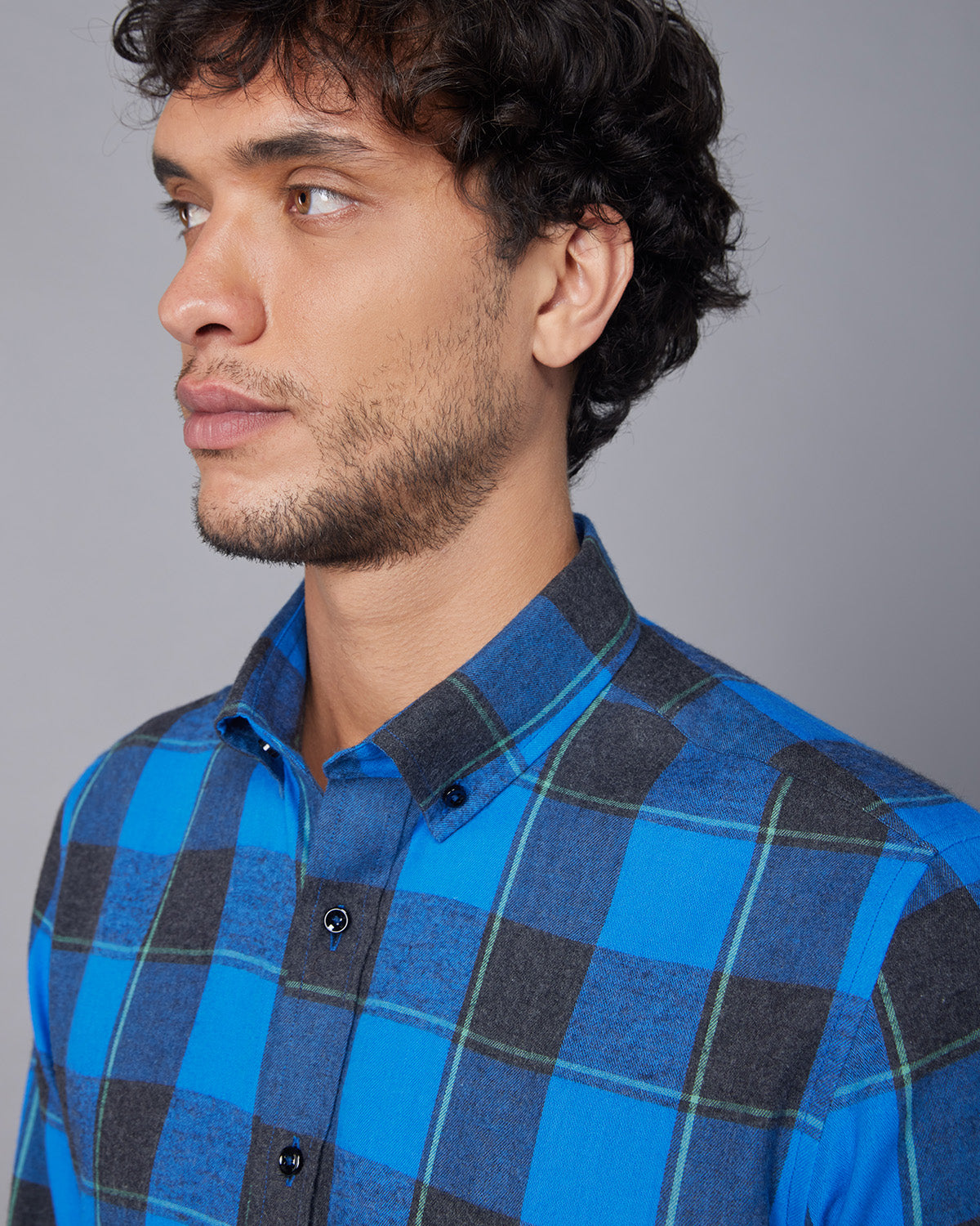 Brushed Twill Checked Shirt - Blue