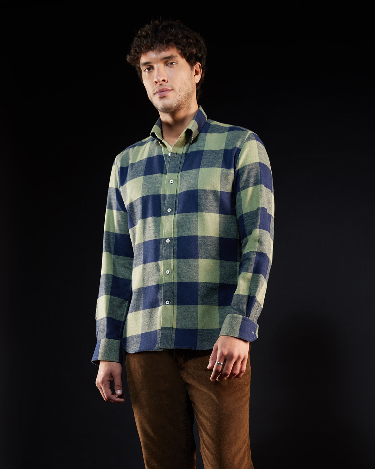 Brushed Twill Checked Shirt - Green & Navy