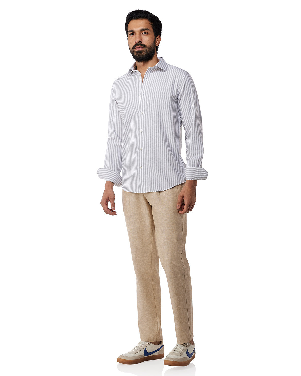 Brushed Twill Striped Shirt - Grey & White