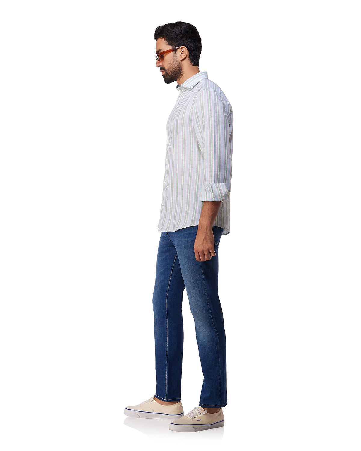 100% Linen Striped Shirt - Blue & Green