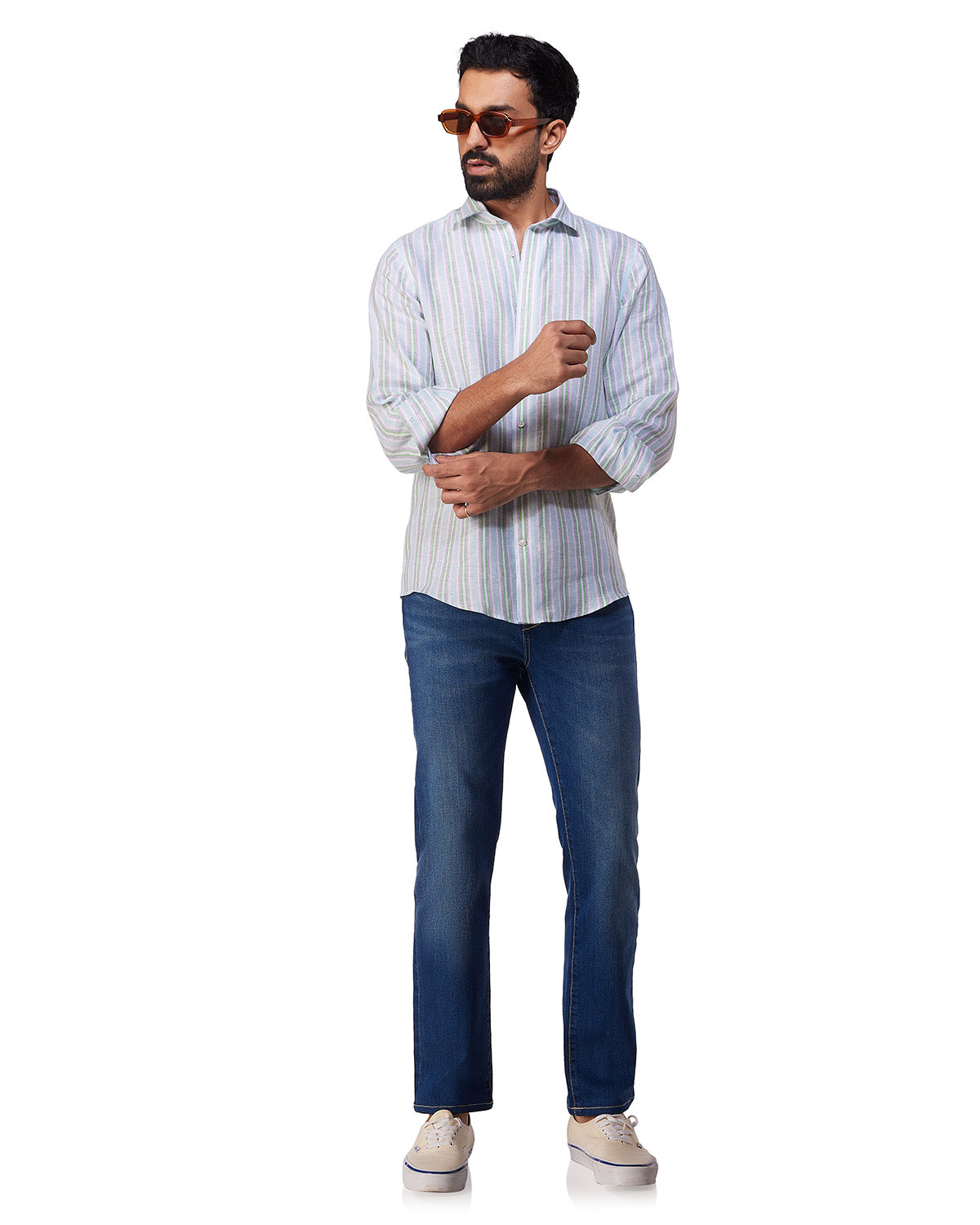 100% Linen Striped Shirt - Blue & Green