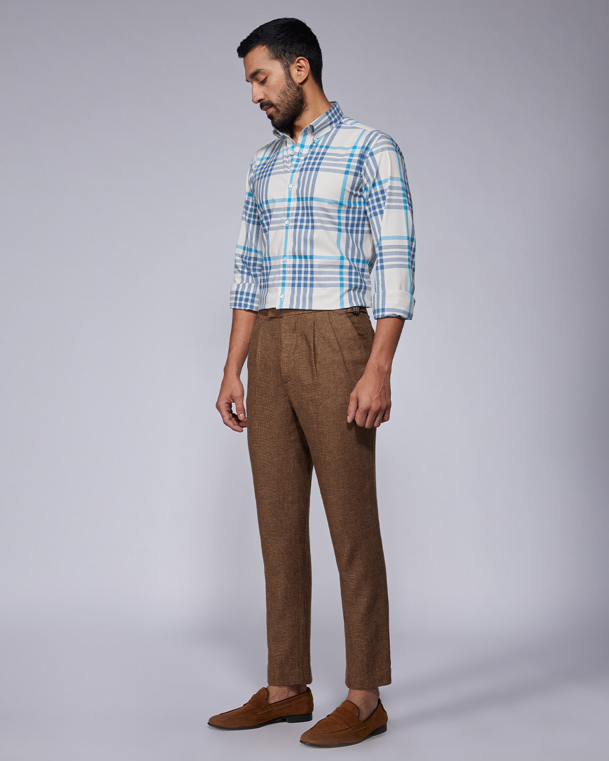 Stretch Oxford Checked Shirt - Ecru & Blue