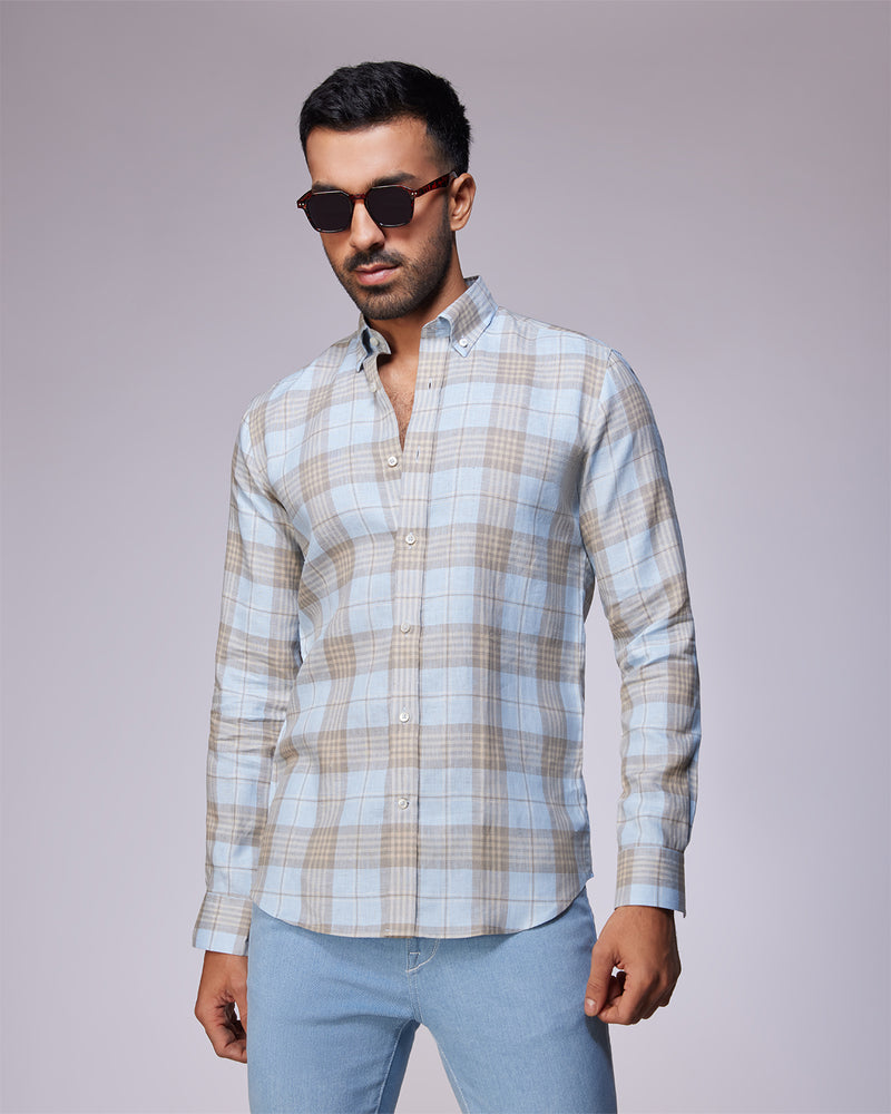 Somelos Linen Checked Shirt - Blue & Khakhi