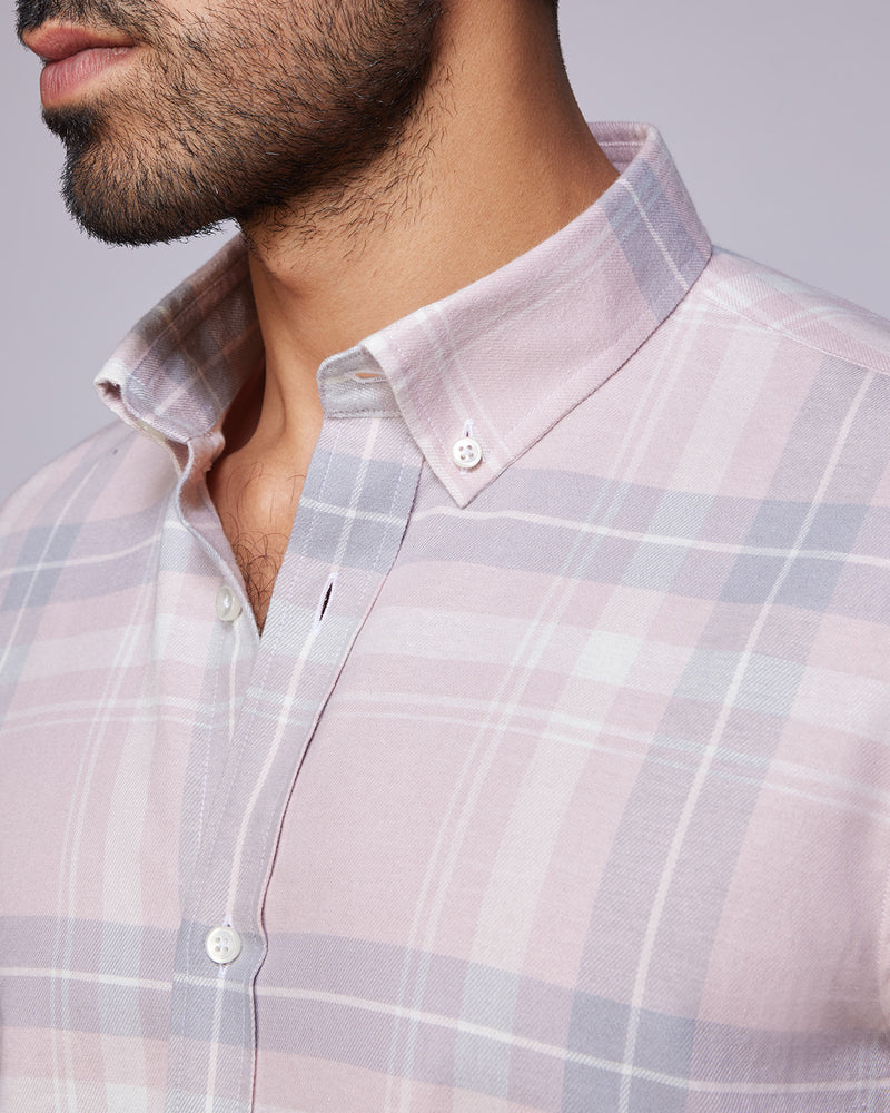 Brushed Twill Checked Shirt - Pink & Grey