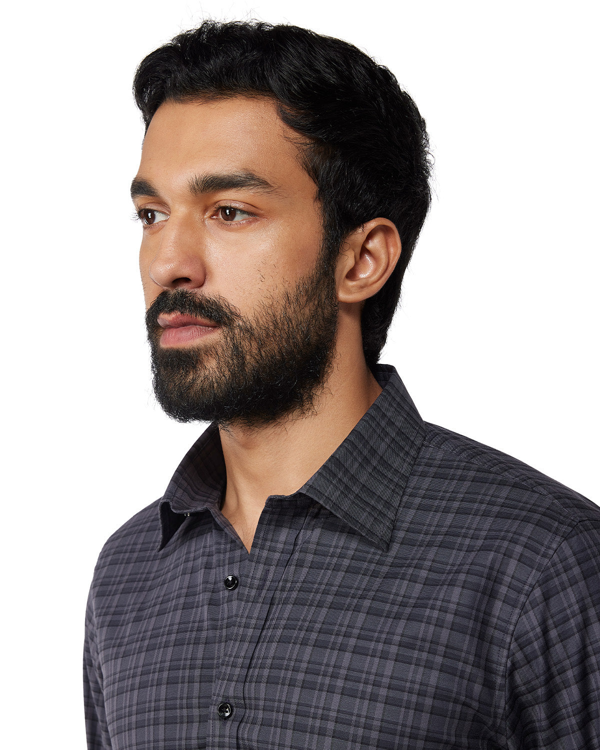 Stretch Oxford Checked Shirt - Grey