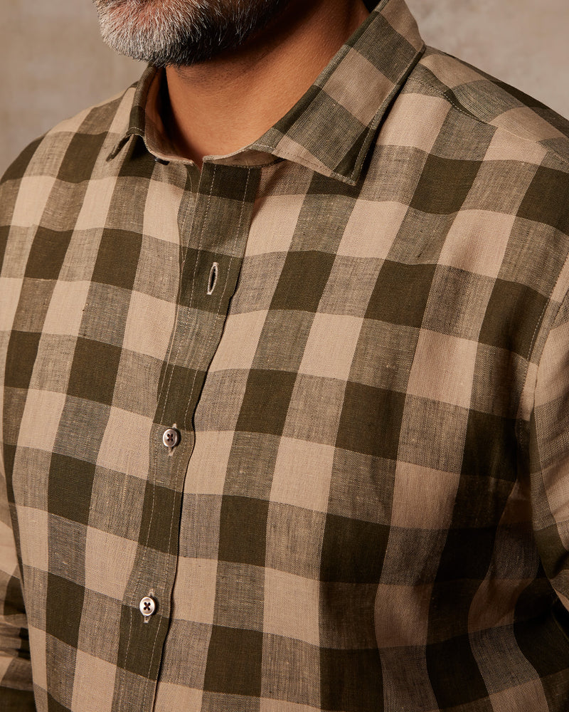 Somelos 100% Linen Checked Shirt - Olive & Beige