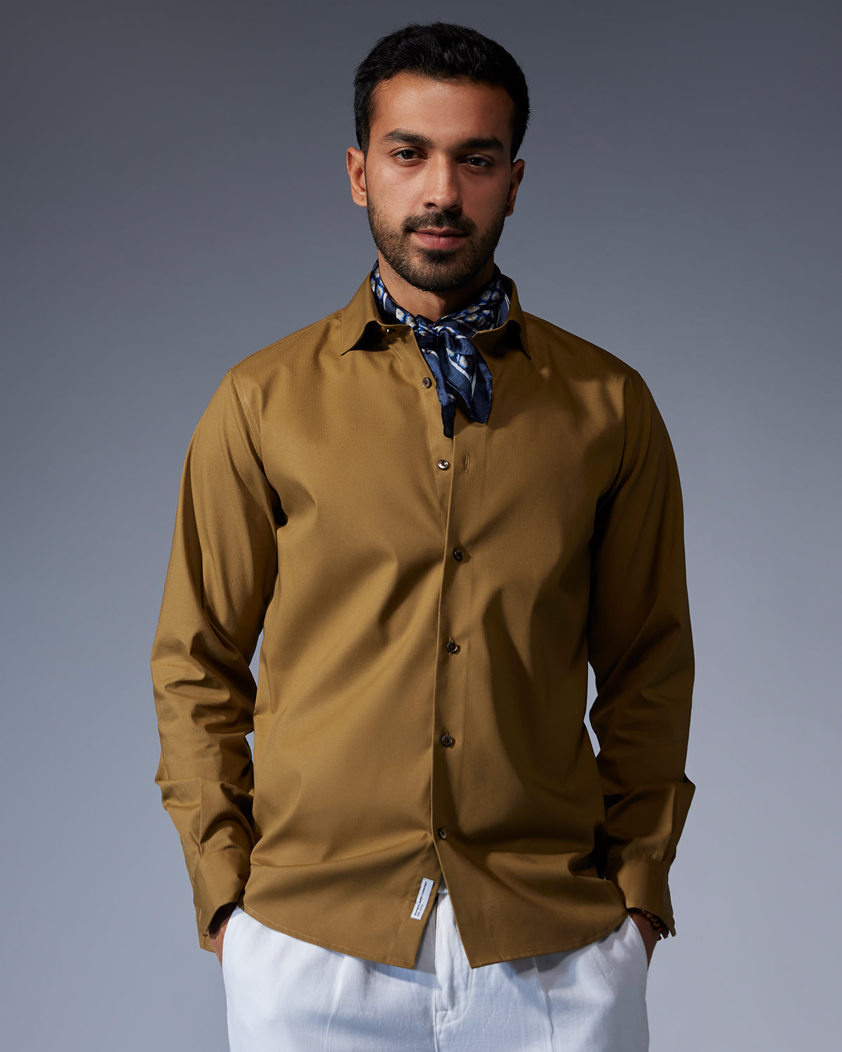 Stretch Self-Checked Slubby Shirt - Olive