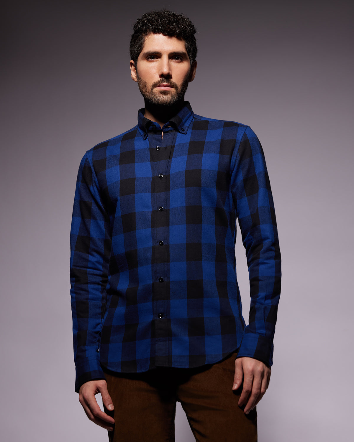 Japanese Brushed Twill Checked Shirt - Navy & Black