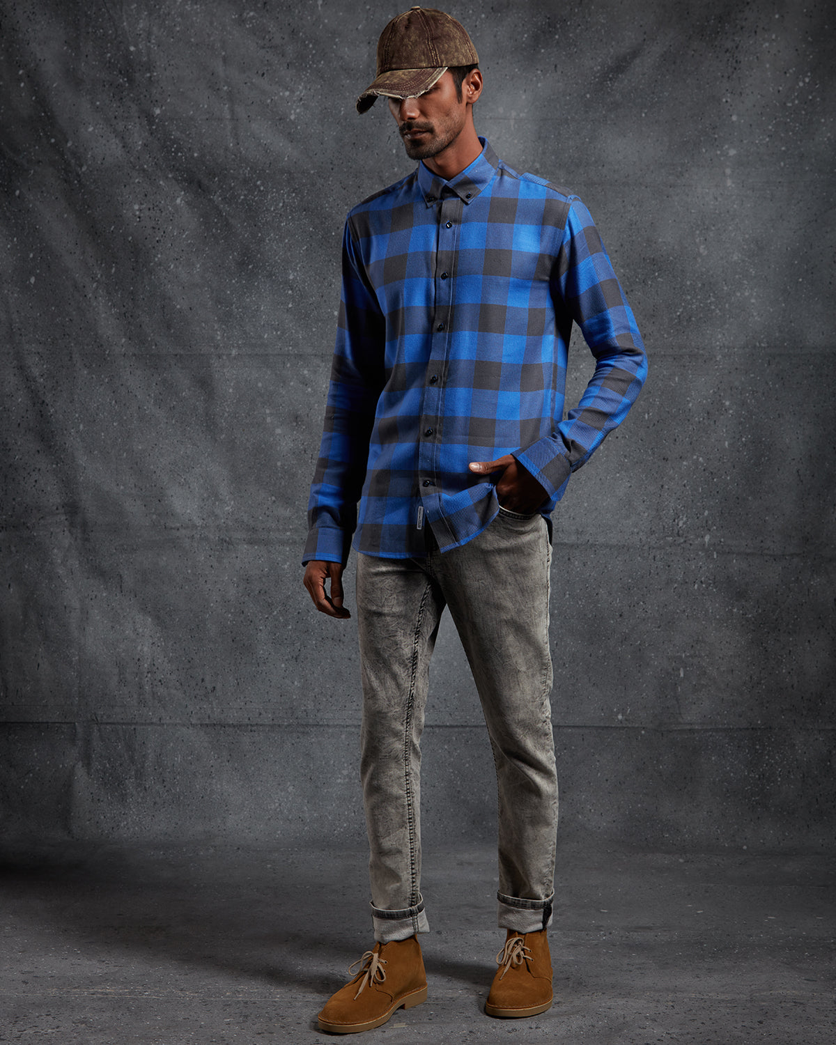 Brushed Twill Checked Shirt - Blue & Black