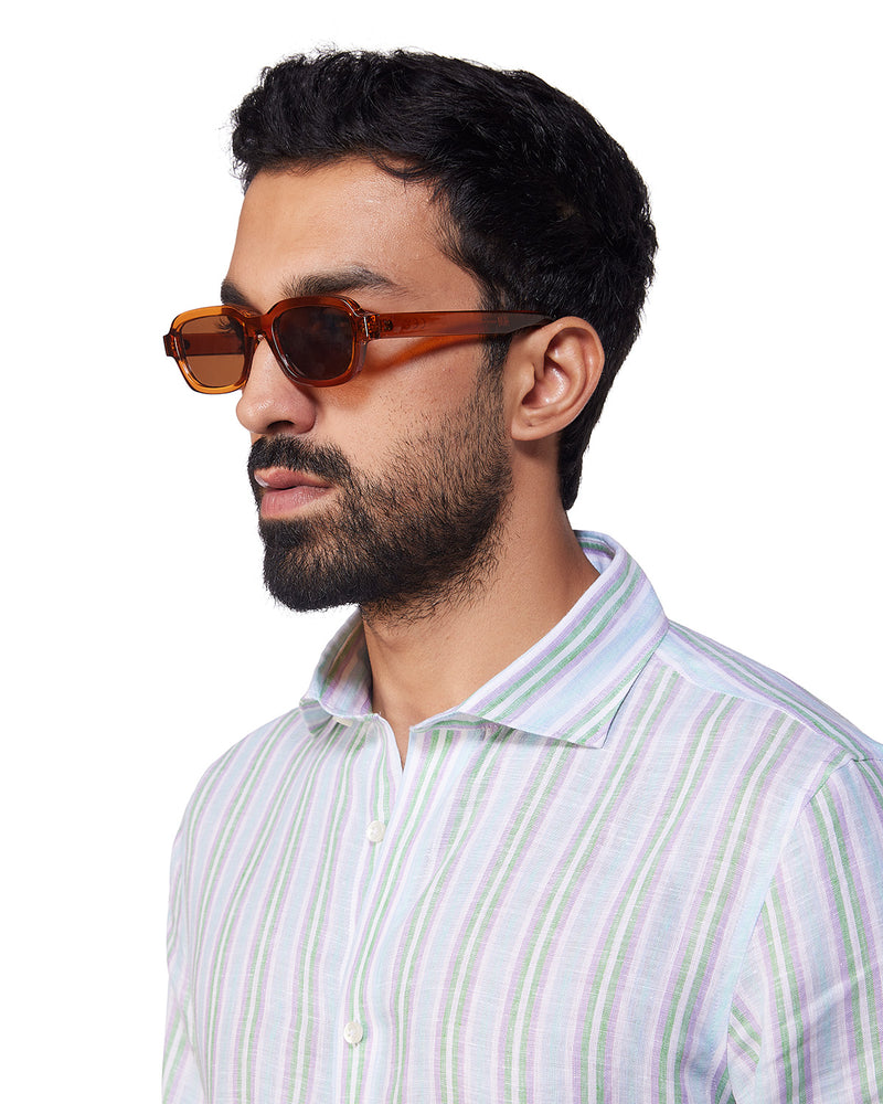 100% Linen Striped Shirt - Blue & Green