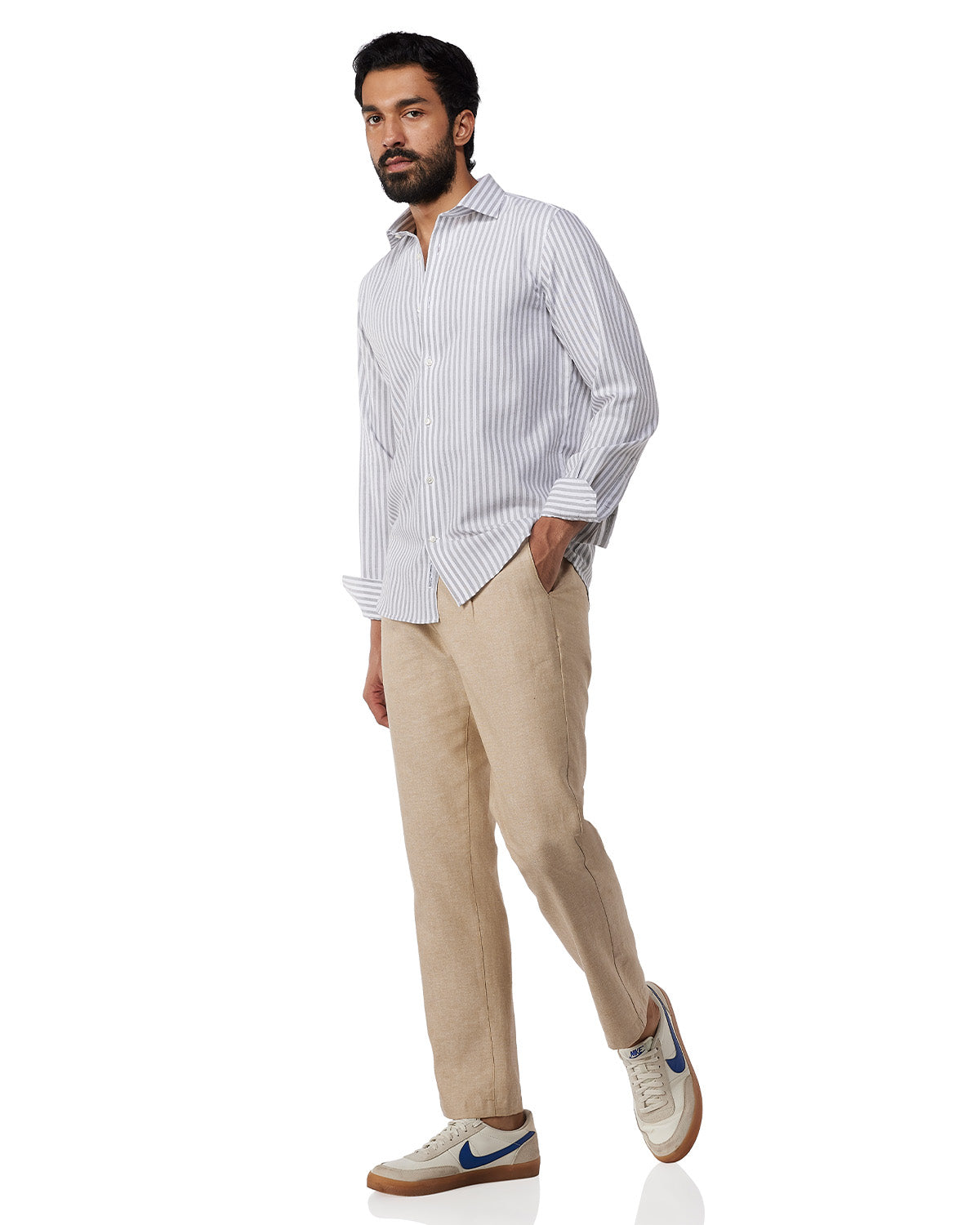 Brushed Twill Striped Shirt - Grey & White
