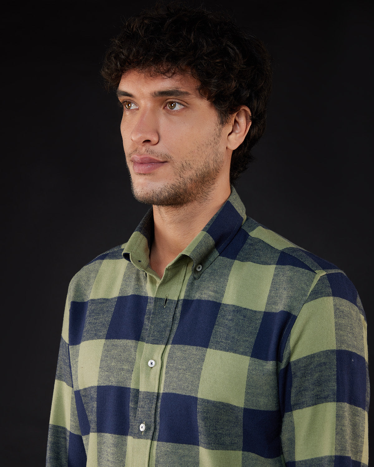 Brushed Twill Checked Shirt - Green & Navy