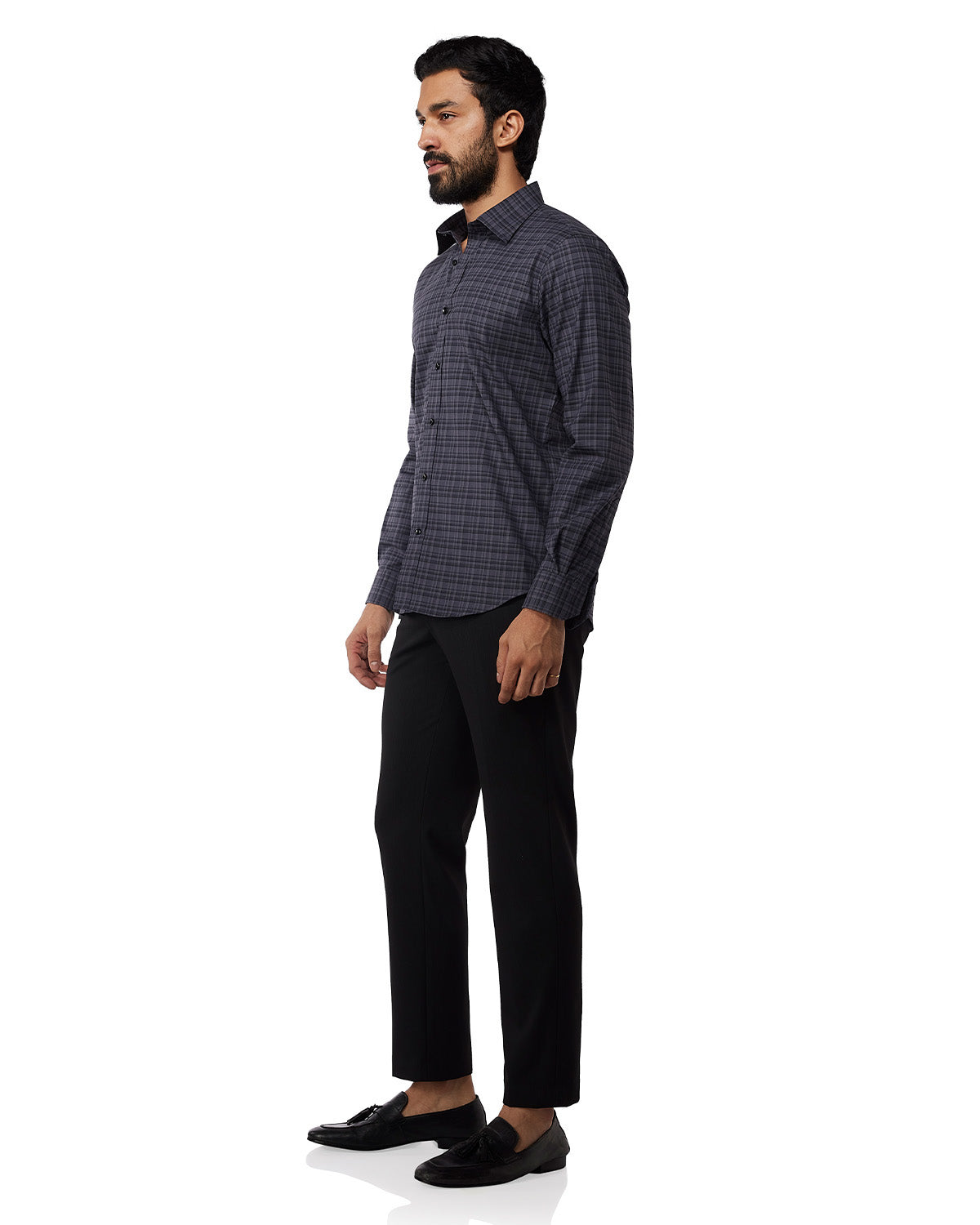 Stretch Oxford Checked Shirt - Grey