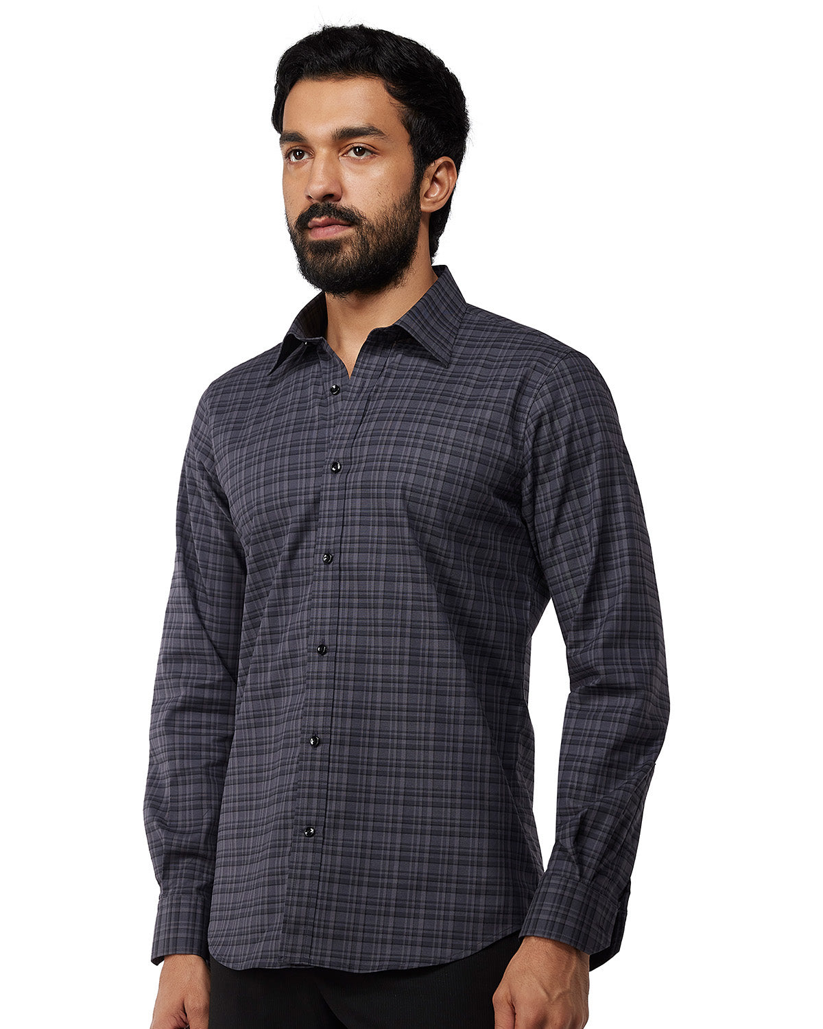 Stretch Oxford Checked Shirt - Grey