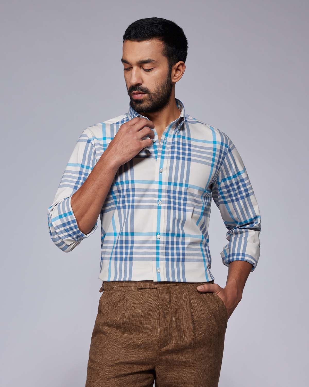 Stretch Oxford Checked Shirt - Ecru & Blue