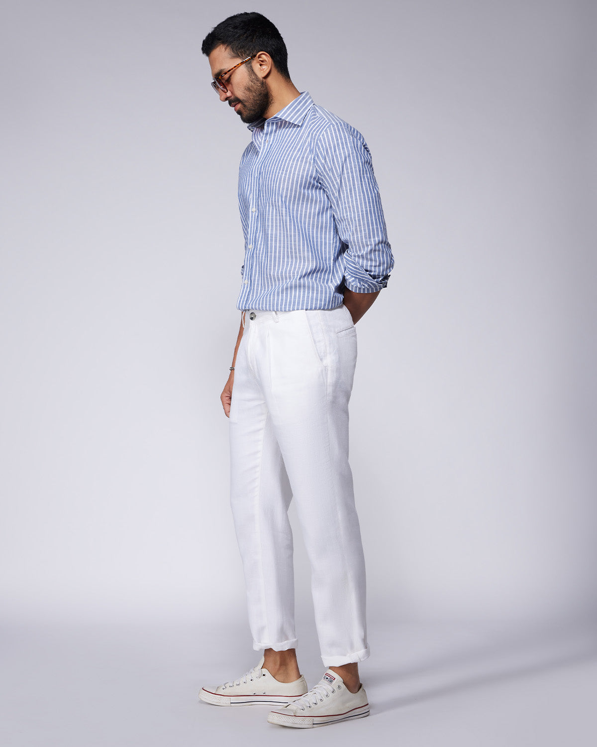 Stretch Cotton Blended Striped Shirt - Blue & White