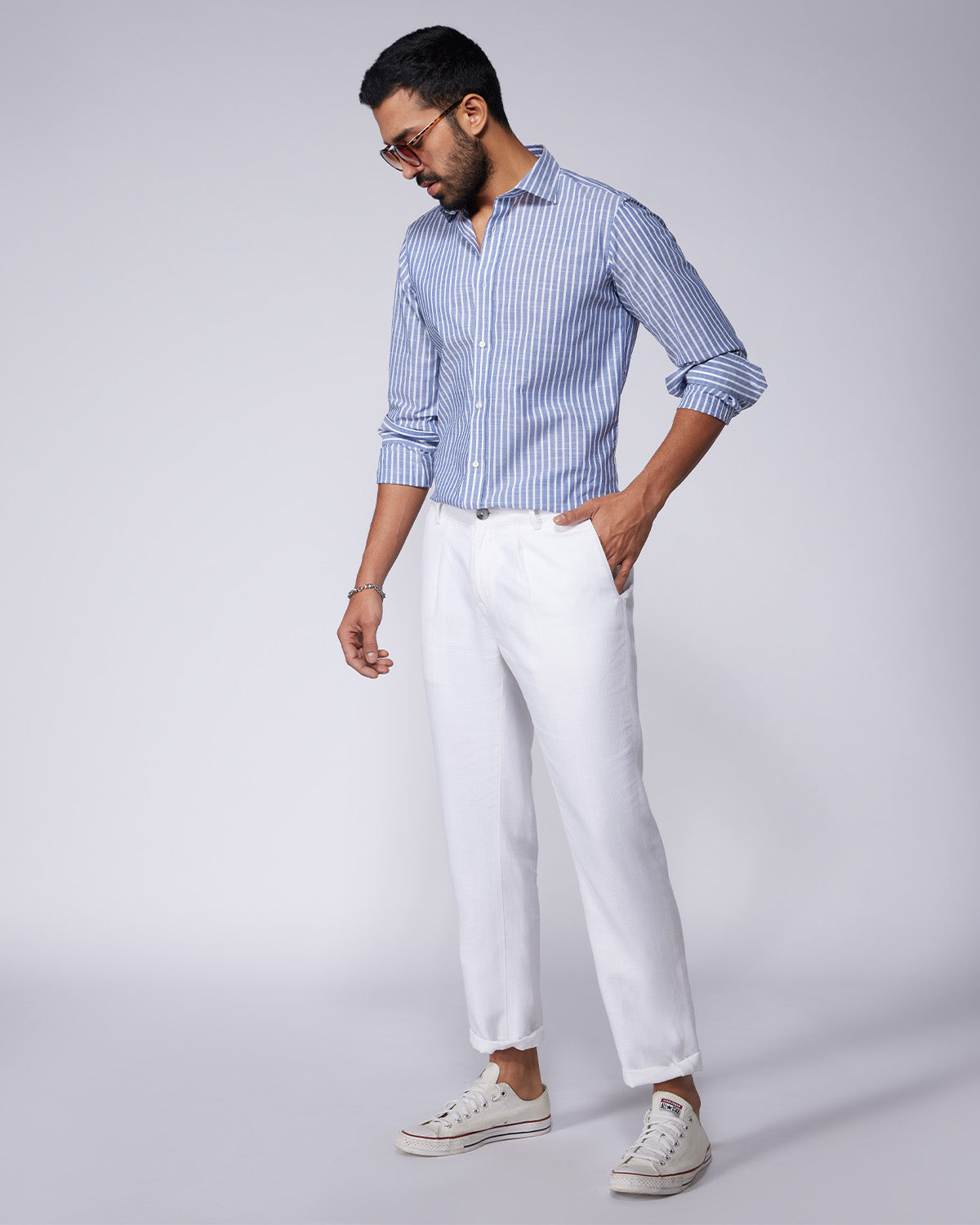 Stretch Cotton Blended Striped Shirt - Blue & White