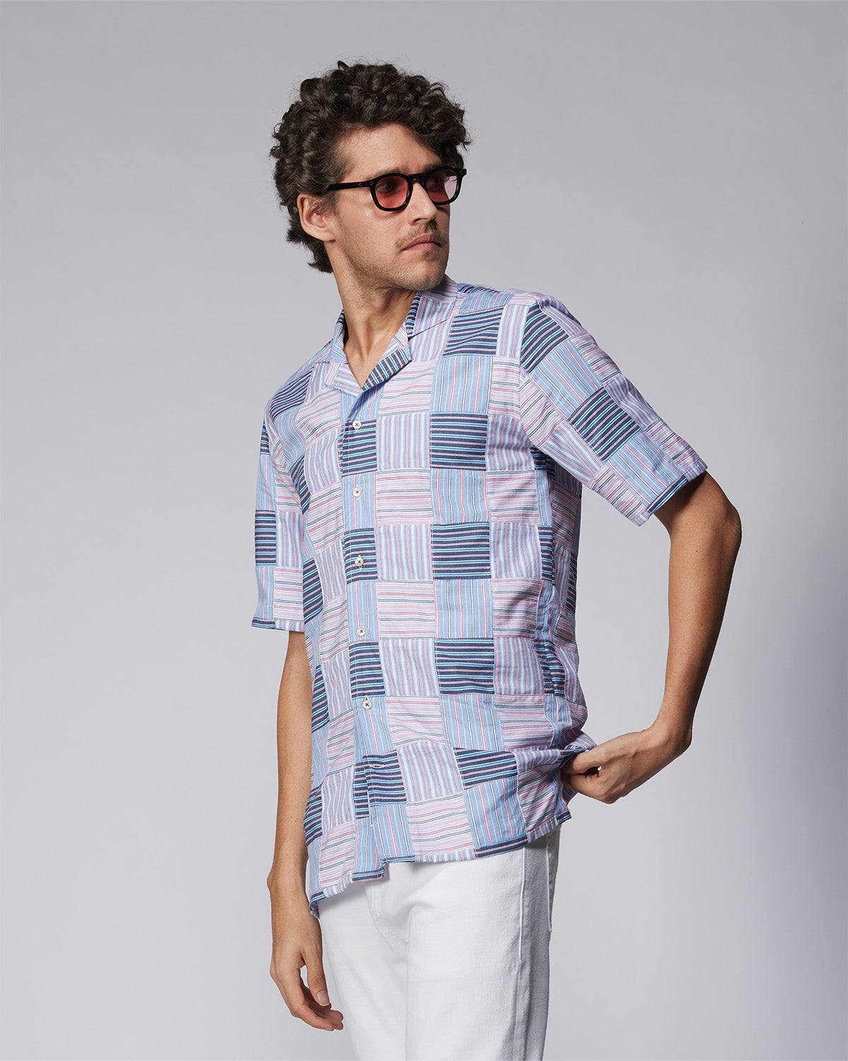 Japanese Patchwork Checked Shirt - Blue & Pink