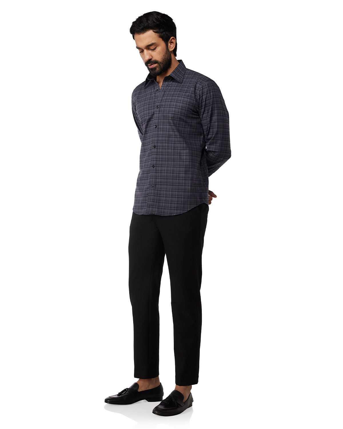 Stretch Oxford Checked Shirt - Grey
