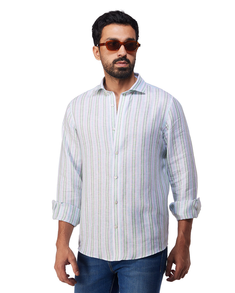 100% Linen Striped Shirt - Blue & Green