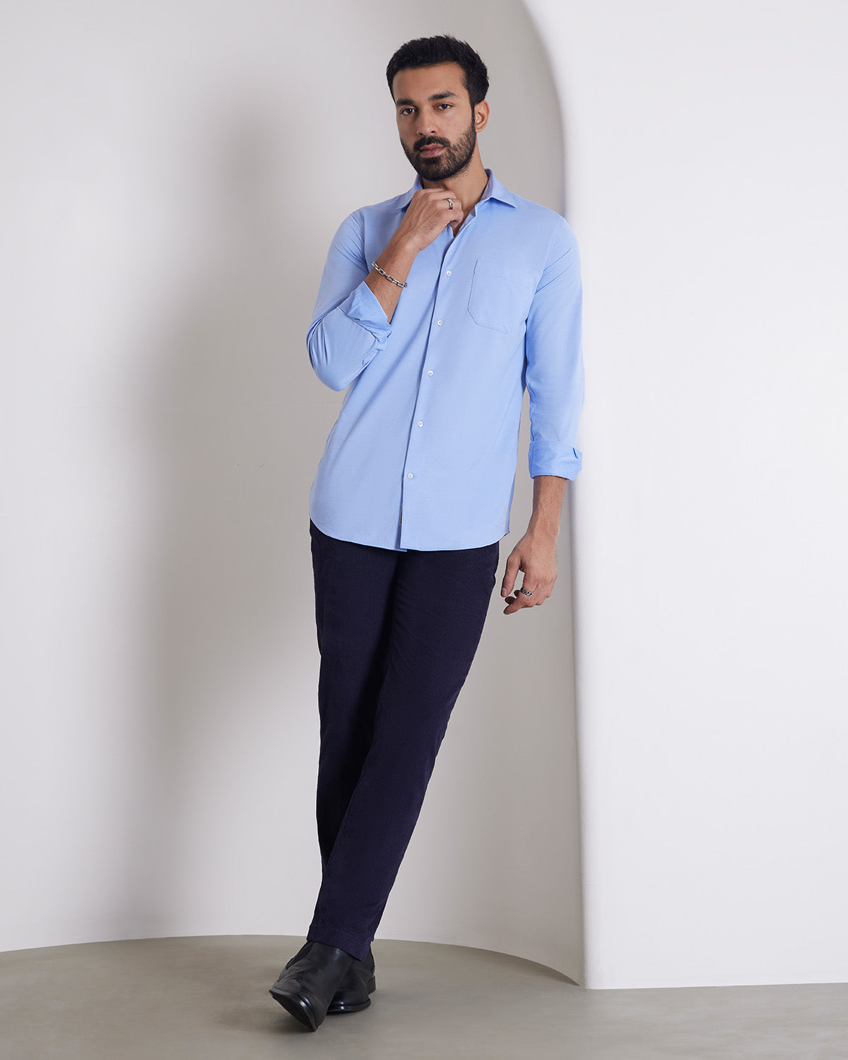 Stretch Cotton Blend Knit Shirt - Blue