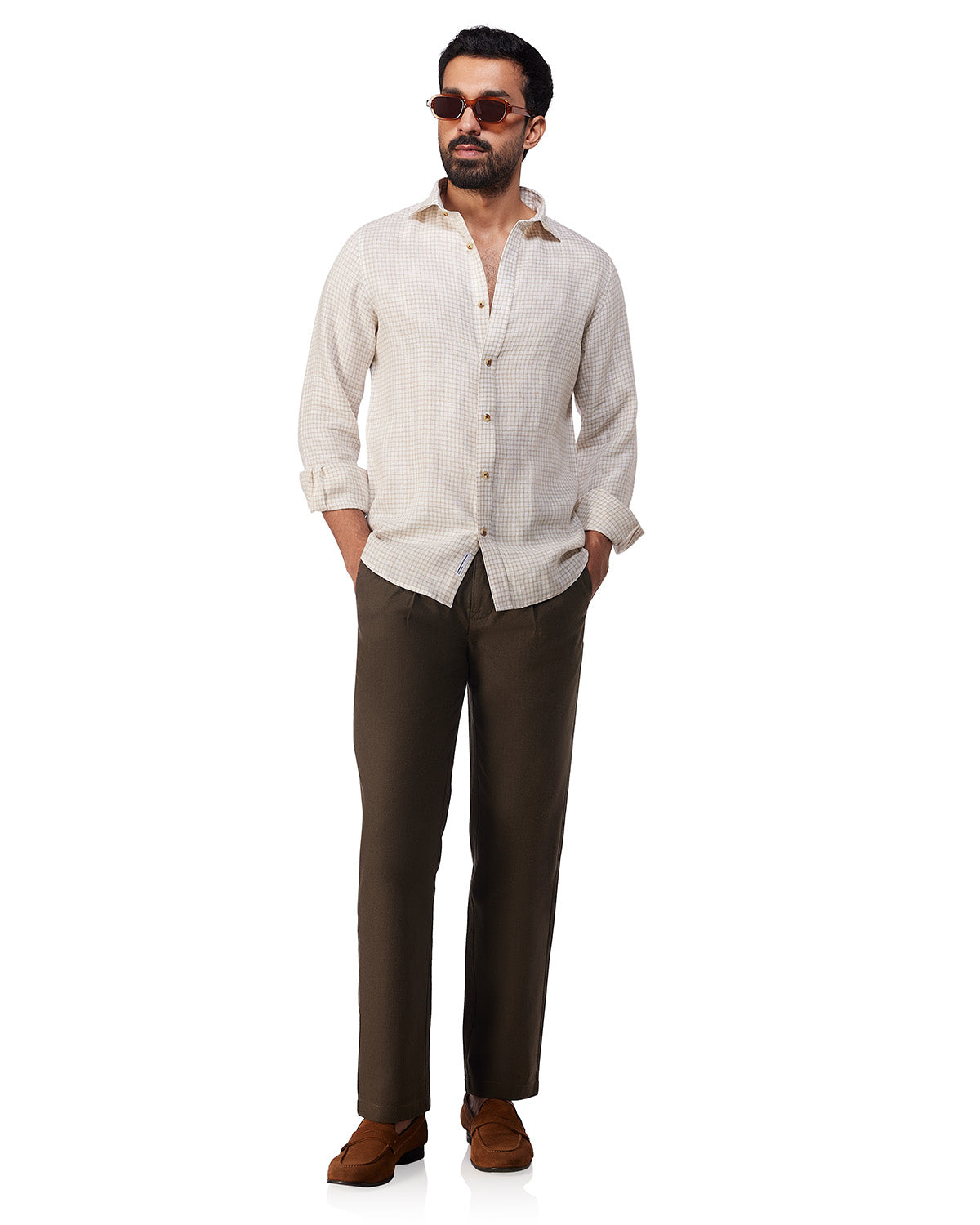 100% Linen Checked Shirt - White & Beige