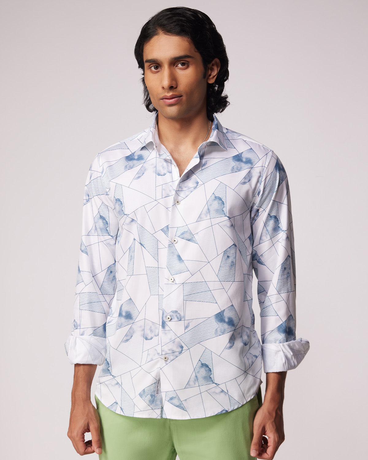Geometric Printed Shirt - Light Blue & White