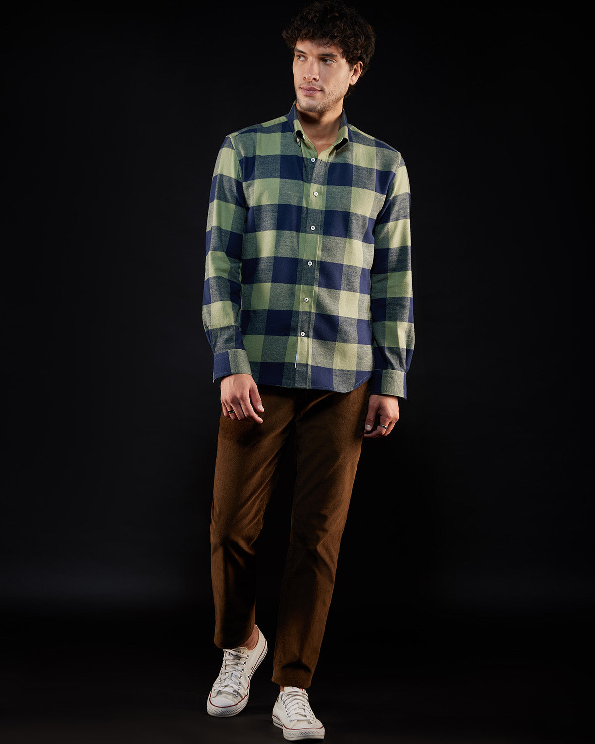 Brushed Twill Checked Shirt - Green & Navy