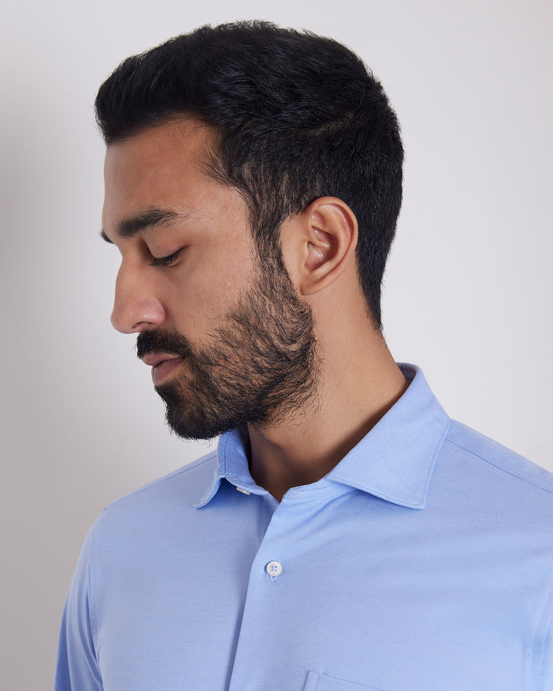 Stretch Cotton Blend Knit Shirt - Blue