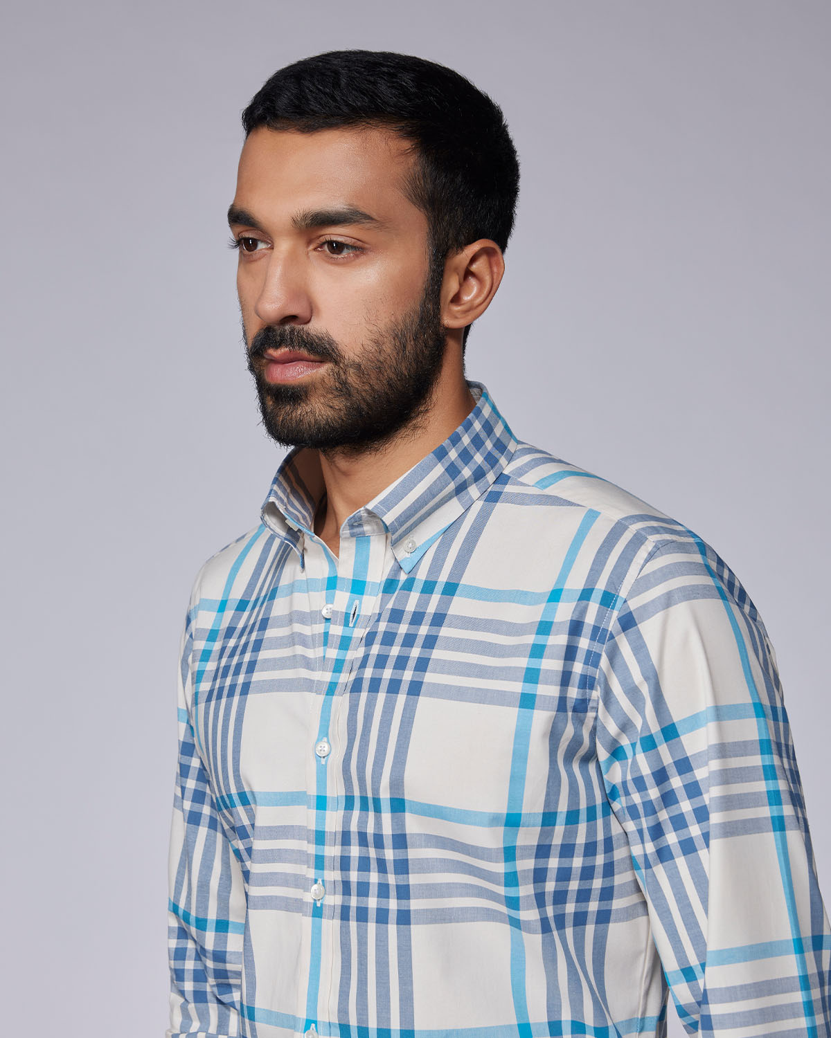 Stretch Oxford Checked Shirt - Ecru & Blue