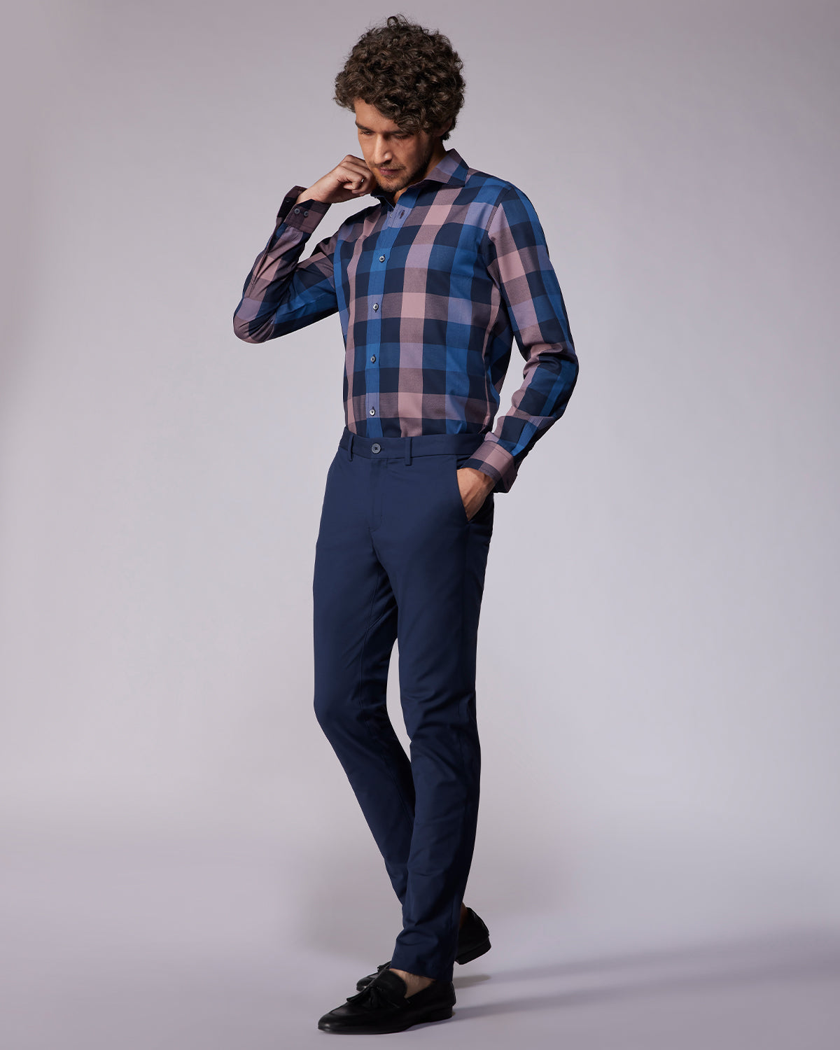 Cotton Dobby Checked Shirt - Mauve & Navy