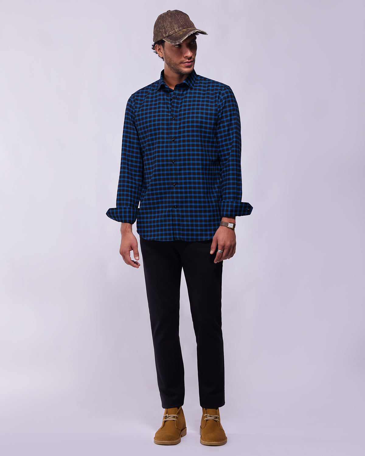 Somelos Brushed Twill Checked Shirt - Navy