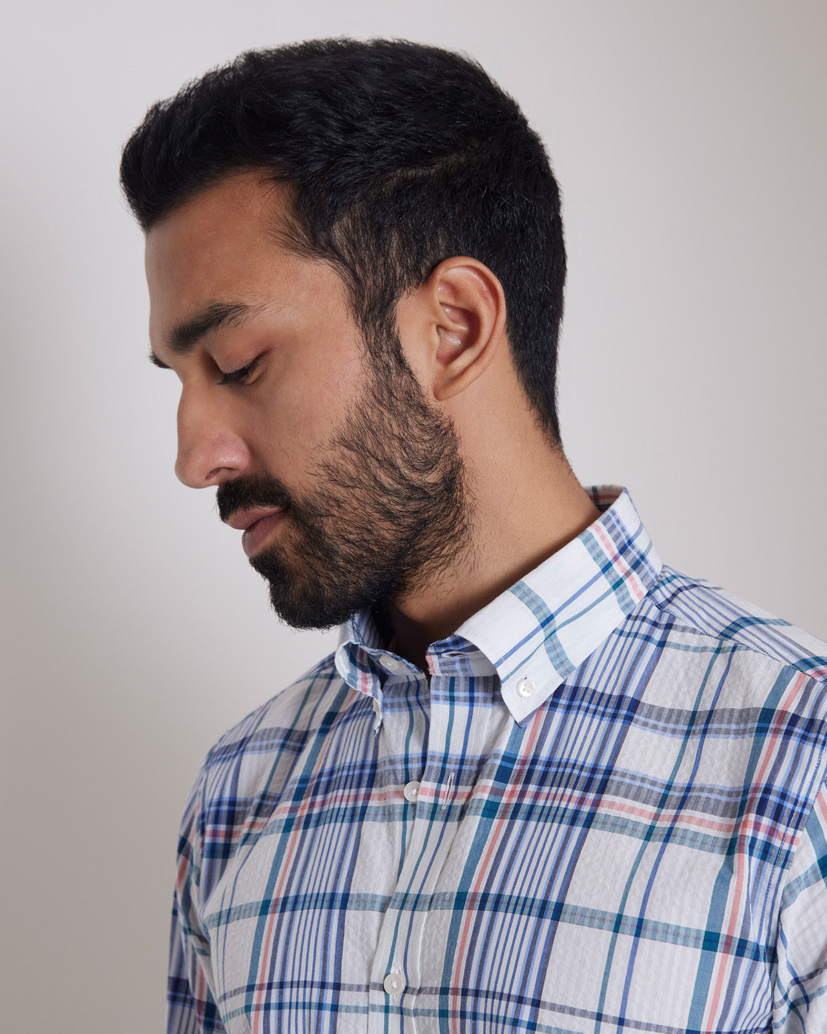 Japanese Seersucker Checked Shirt - Blue & White