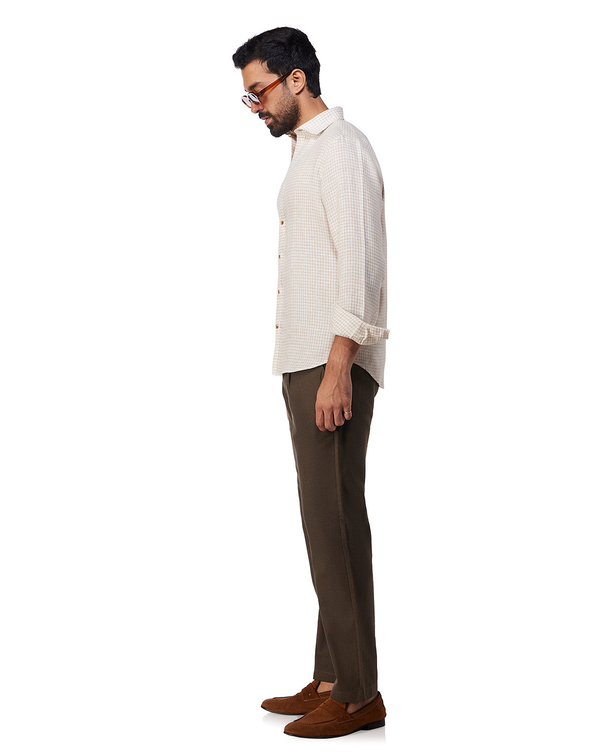 100% Linen Checked Shirt - White & Beige