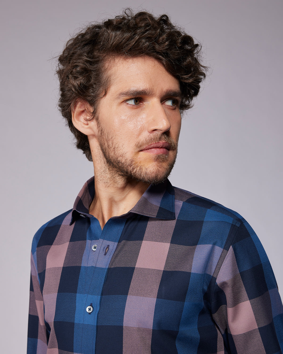 Cotton Dobby Checked Shirt - Mauve & Navy