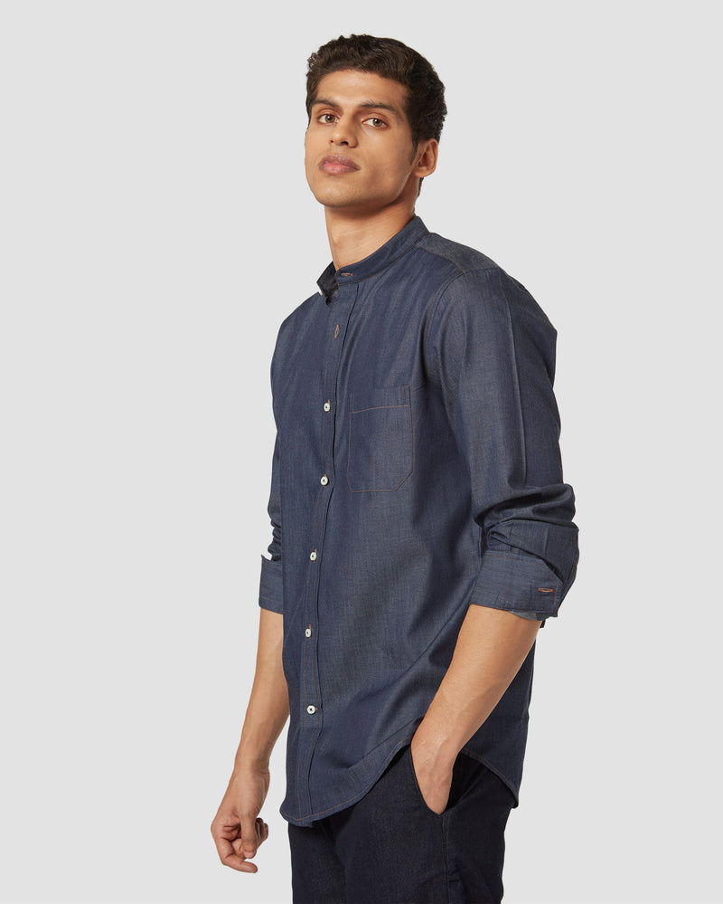 Contrast Stitched Denim Shirt - Dark Blue