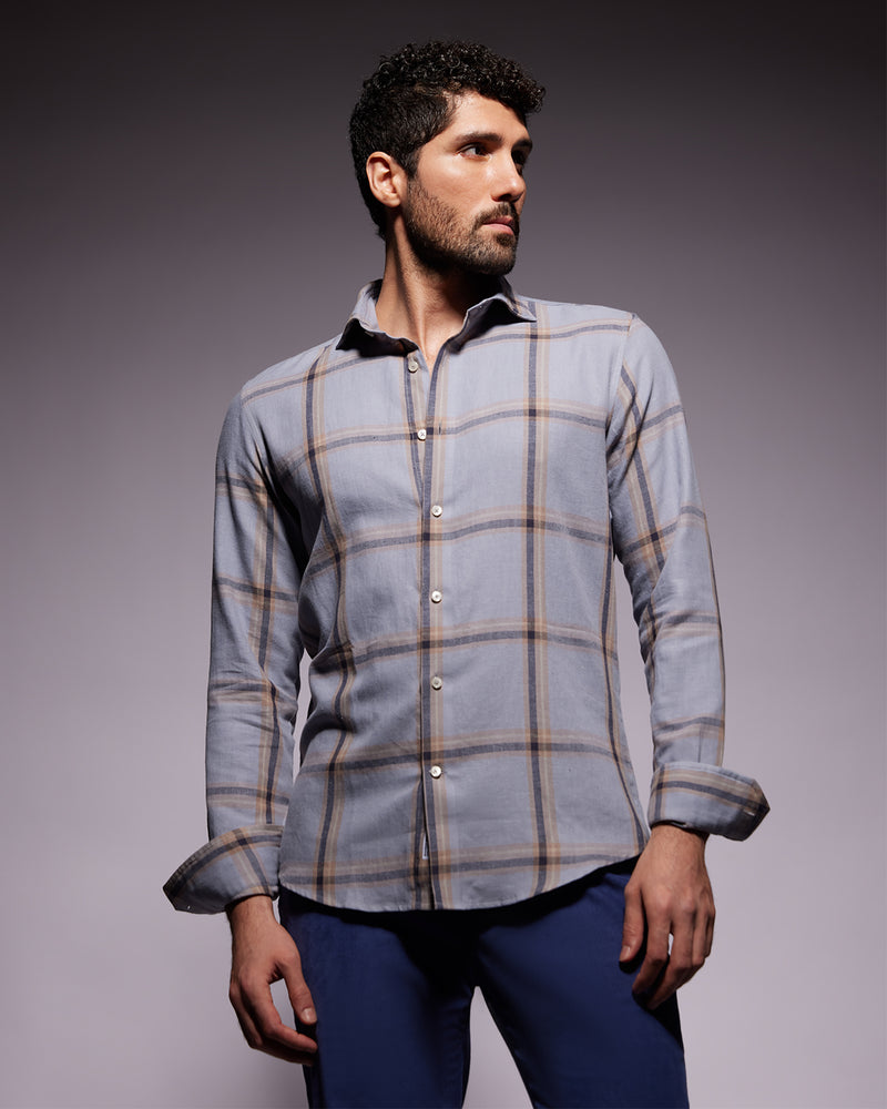 Japanese Twill Checked Shirt - Grey