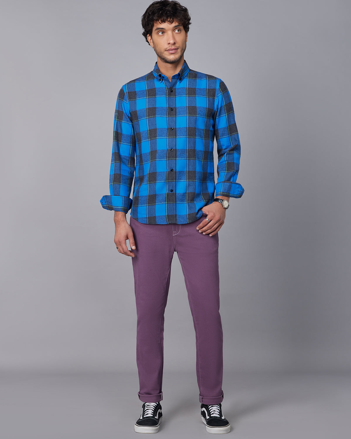 Brushed Twill Checked Shirt - Blue